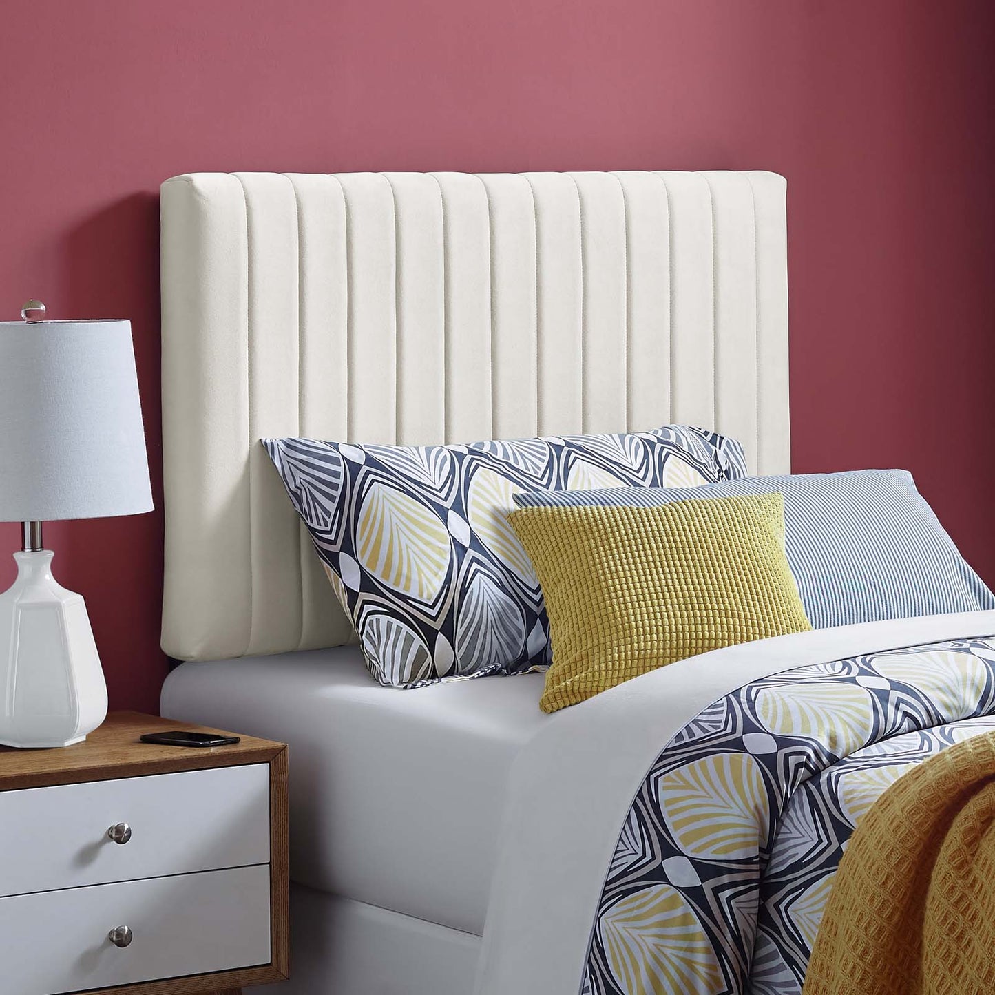 Keira Twin Performance Velvet Headboard, Velvet Fabric, Ivory White, 17769