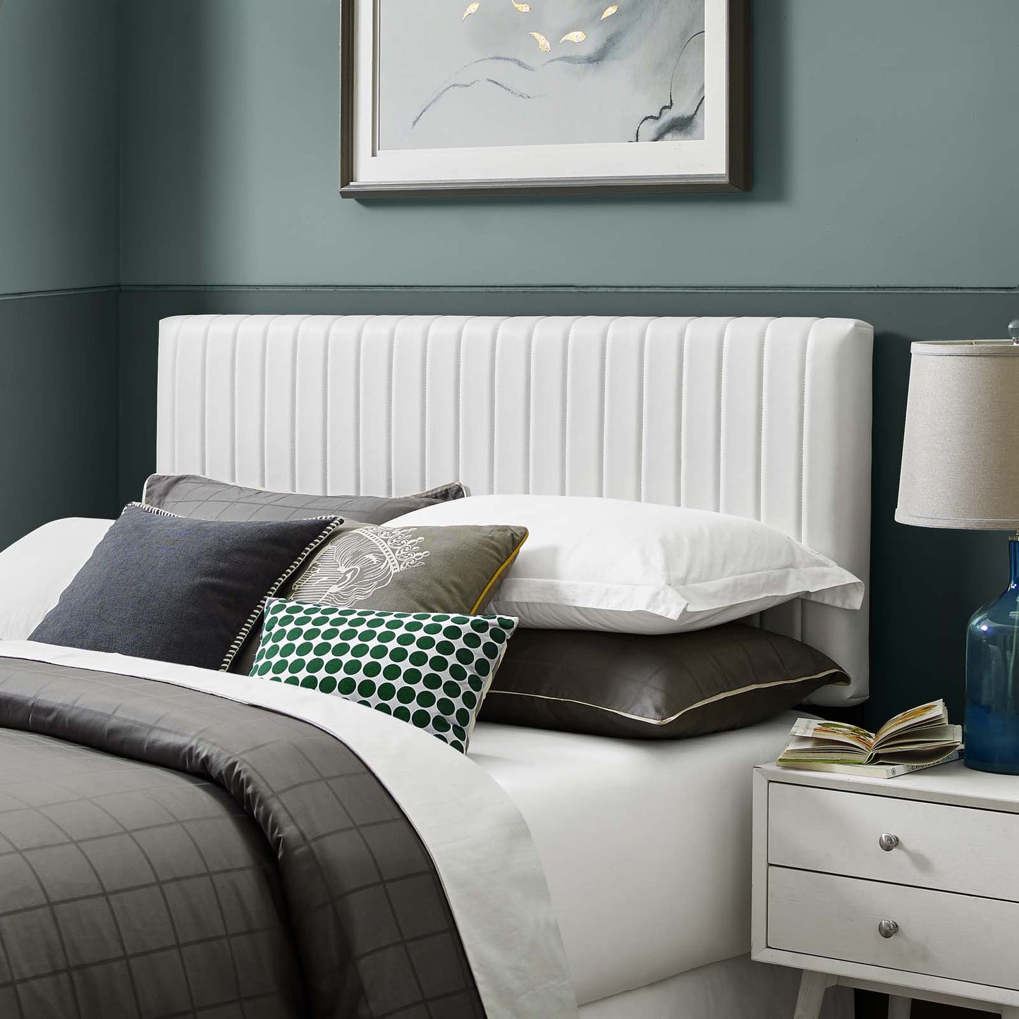 Keira Full/Queen Faux Leather Headboard, Faux Vinyl Leather, White, 17780