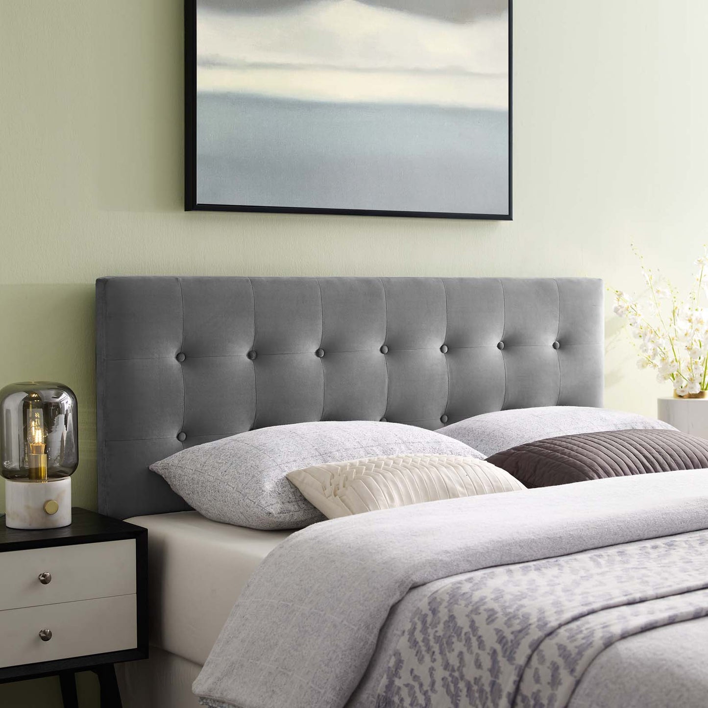 Emily Queen Biscuit Tufted Performance Velvet Headboard, Velvet Fabric, Grey Gray, 17918