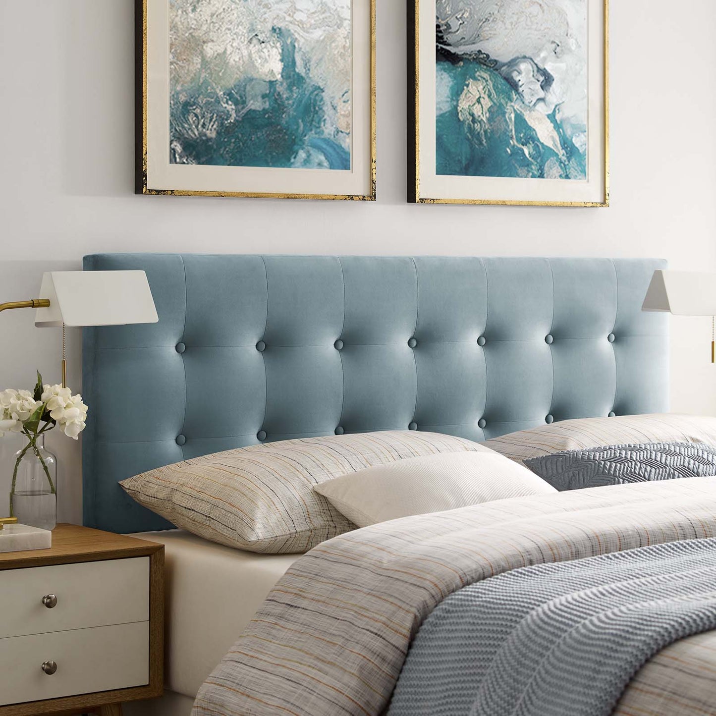 Emily King Biscuit Tufted Performance Velvet Headboard, Velvet Fabric, Light Blue, 17924