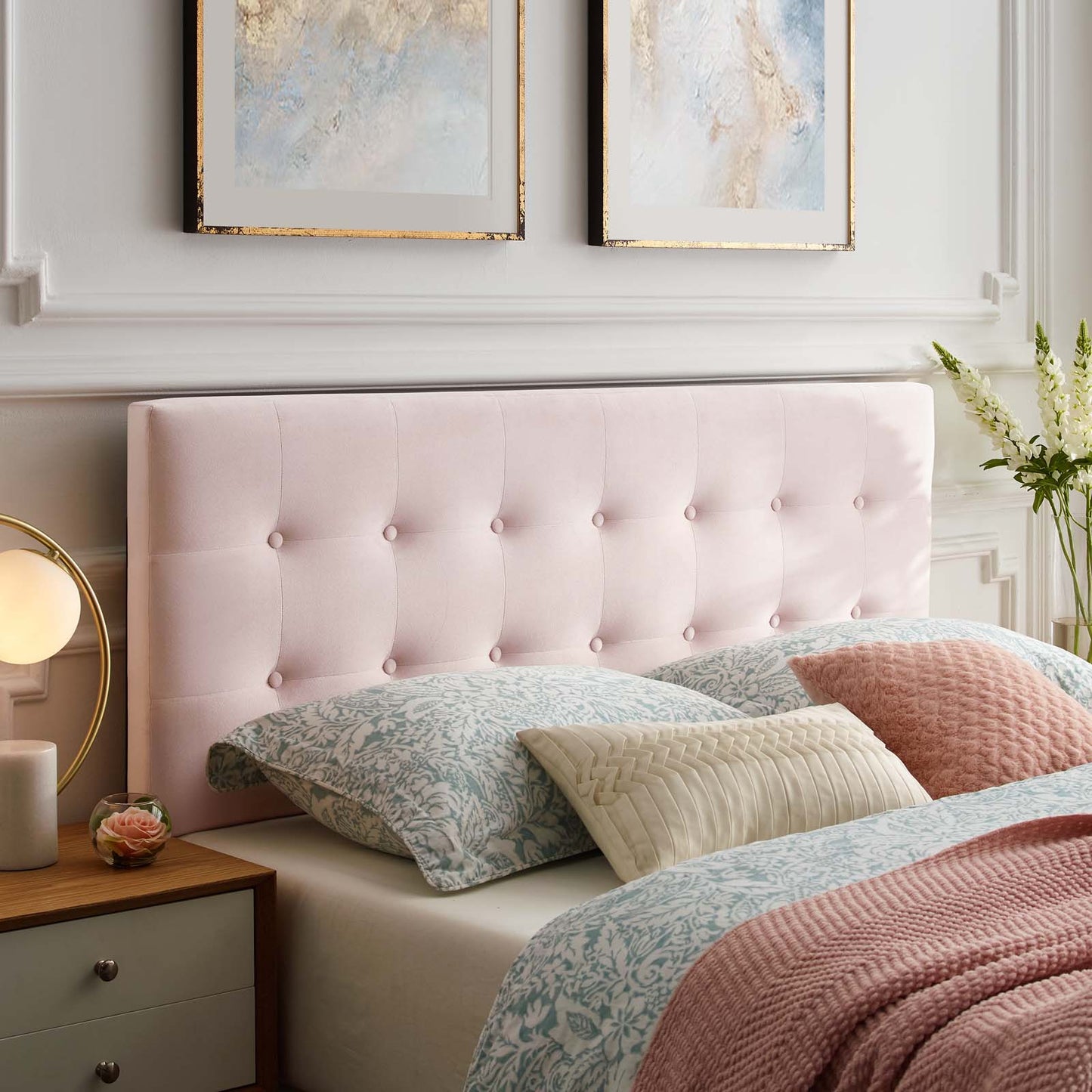Emily King Biscuit Tufted Performance Velvet Headboard, Velvet Fabric, Pink, 17926