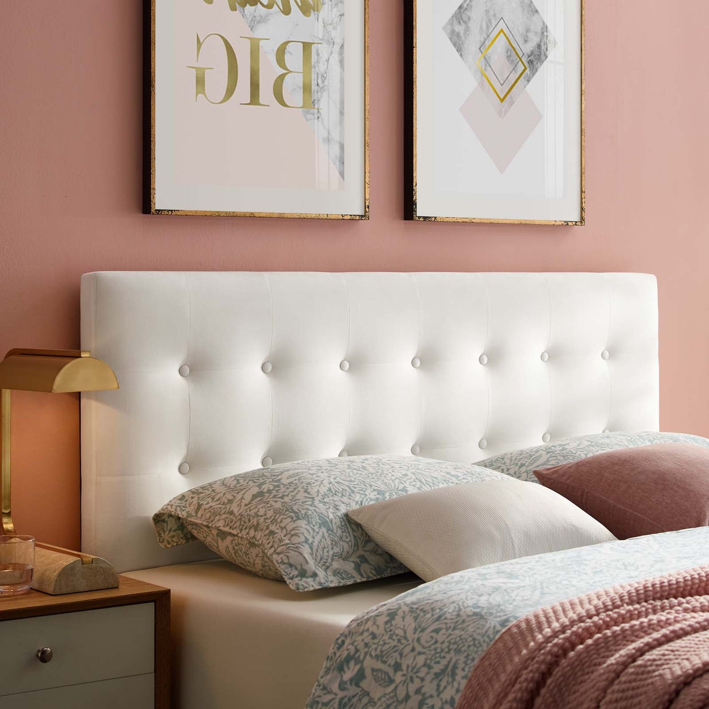 Emily King Biscuit Tufted Performance Velvet Headboard, Velvet Fabric, White, 17927