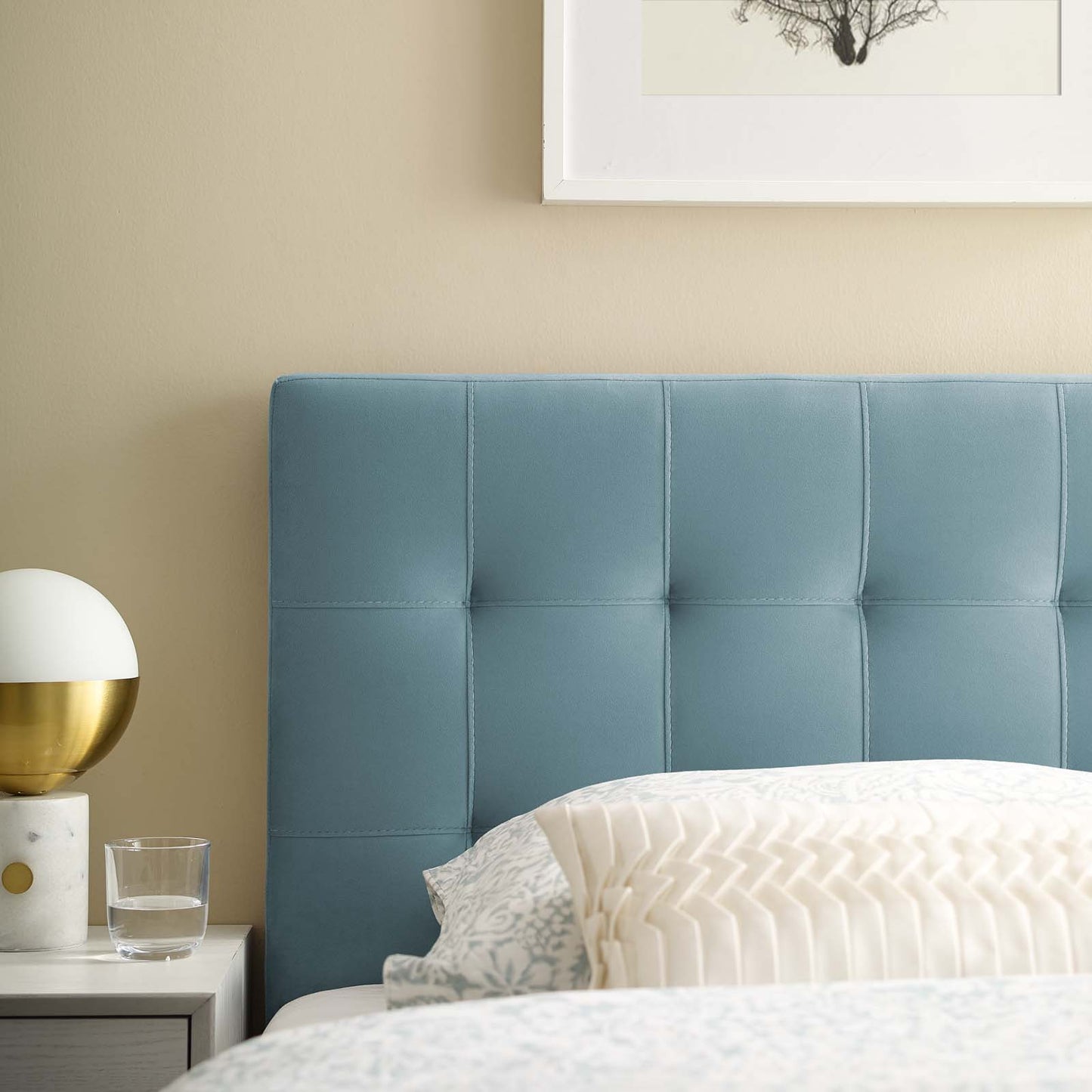 Lily Biscuit Tufted Twin Performance Velvet Headboard, Velvet Fabric, Light Blue, 17929