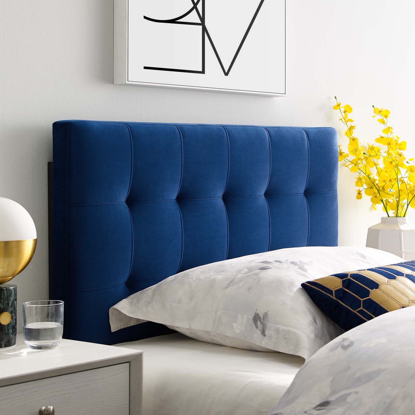 Lily Biscuit Tufted Twin Performance Velvet Headboard, Velvet Fabric, Navy Blue, 17930