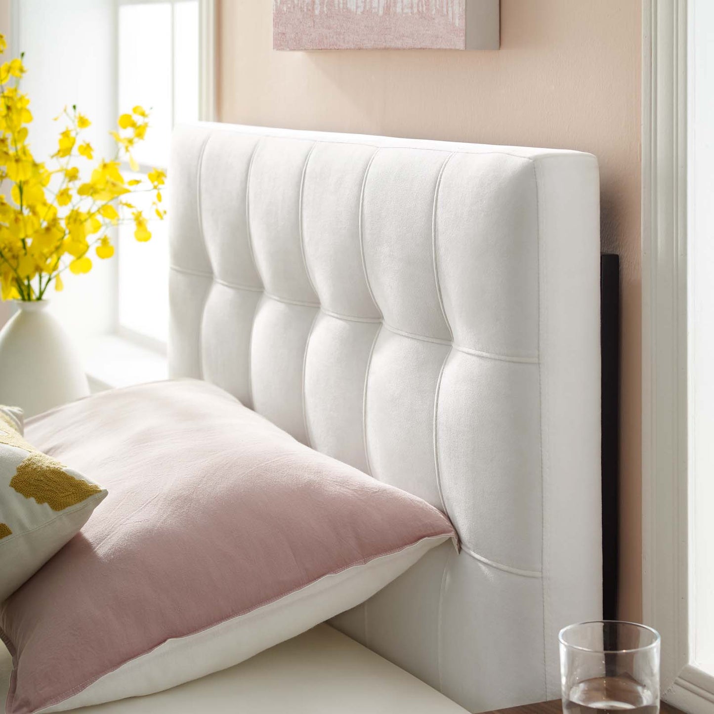 Lily Biscuit Tufted Twin Performance Velvet Headboard, Velvet Fabric, White, 17932
