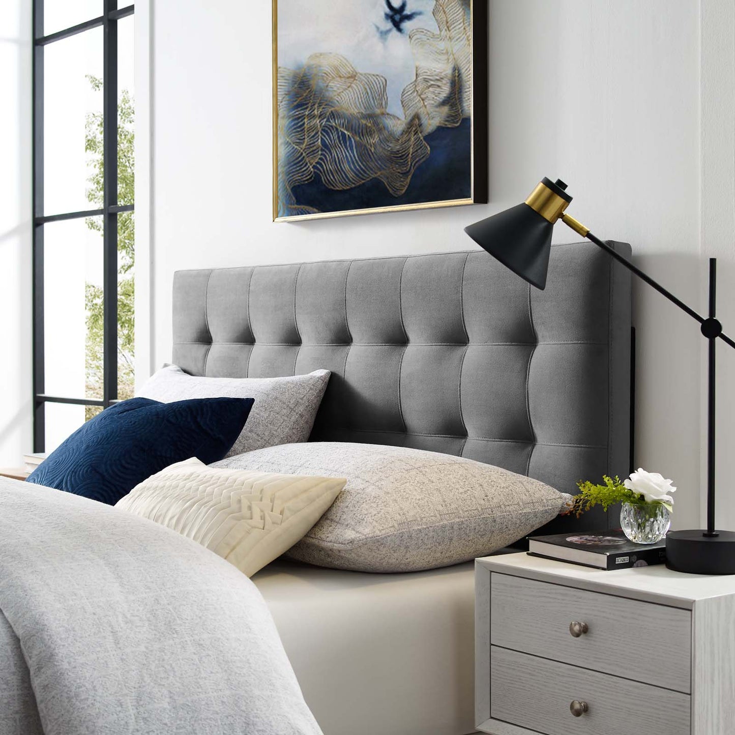 Lily Queen Biscuit Tufted Performance Velvet Headboard, Velvet Fabric, Grey Gray, 17938