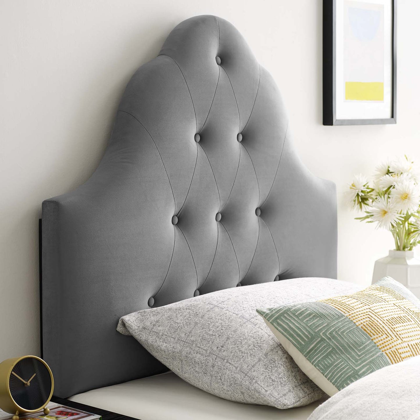 Sovereign Twin Diamond Tufted Performance Velvet Headboard, Velvet Fabric, Grey Gray, 17948