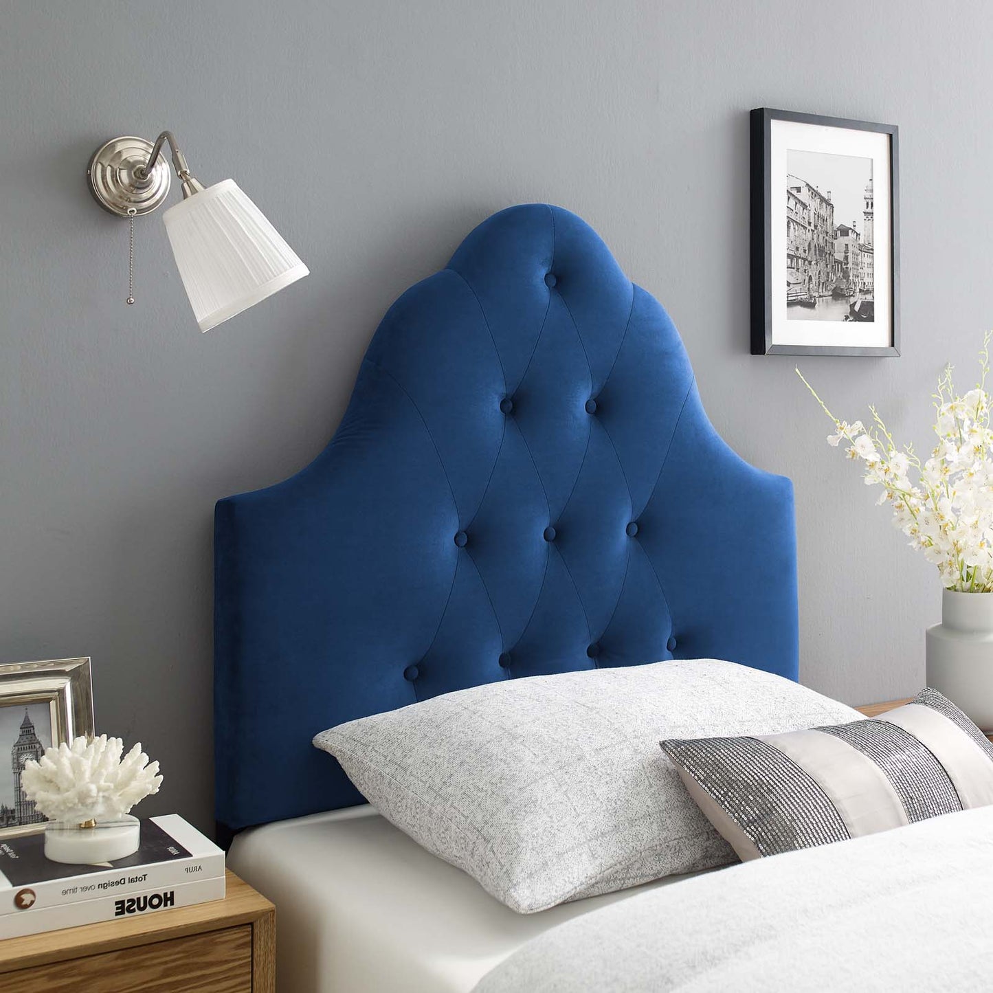 Sovereign Twin Diamond Tufted Performance Velvet Headboard, Velvet Fabric, Navy Blue, 17950