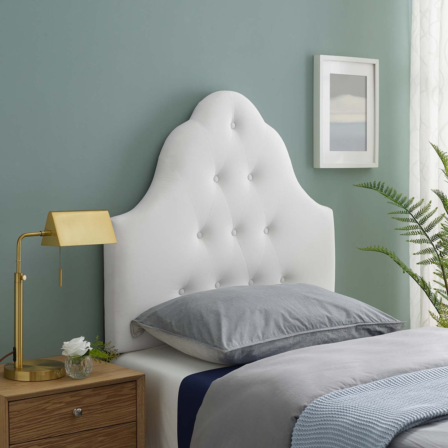 Sovereign Twin Diamond Tufted Performance Velvet Headboard, Velvet Fabric, White, 17952