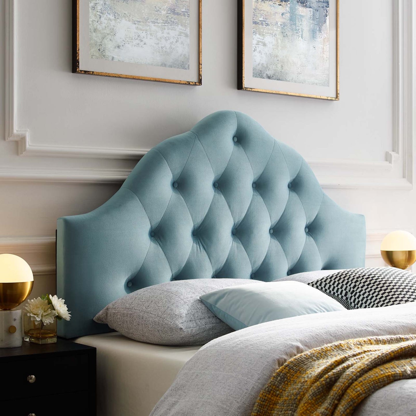 Sovereign Full Diamond Tufted Performance Velvet Headboard, Velvet Fabric, Light Blue, 17954