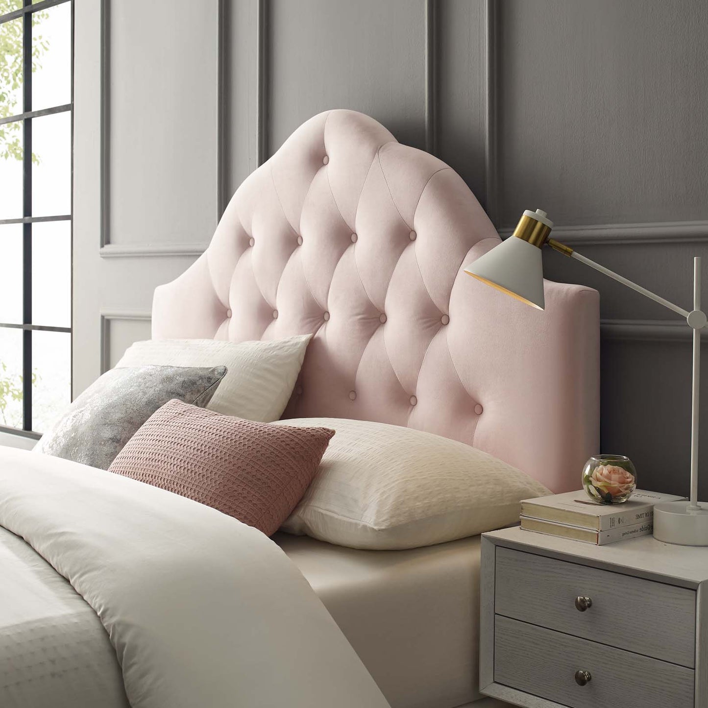 Sovereign King Diamond Tufted Performance Velvet Headboard, Velvet Fabric, Pink, 17966