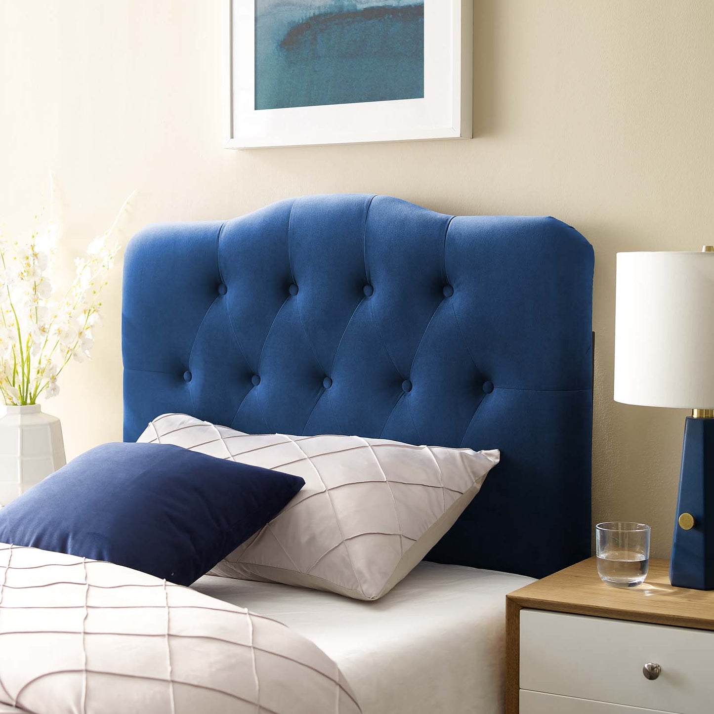 Annabel Twin Diamond Tufted Performance Velvet Headboard, Velvet Fabric, Navy Blue, 17970