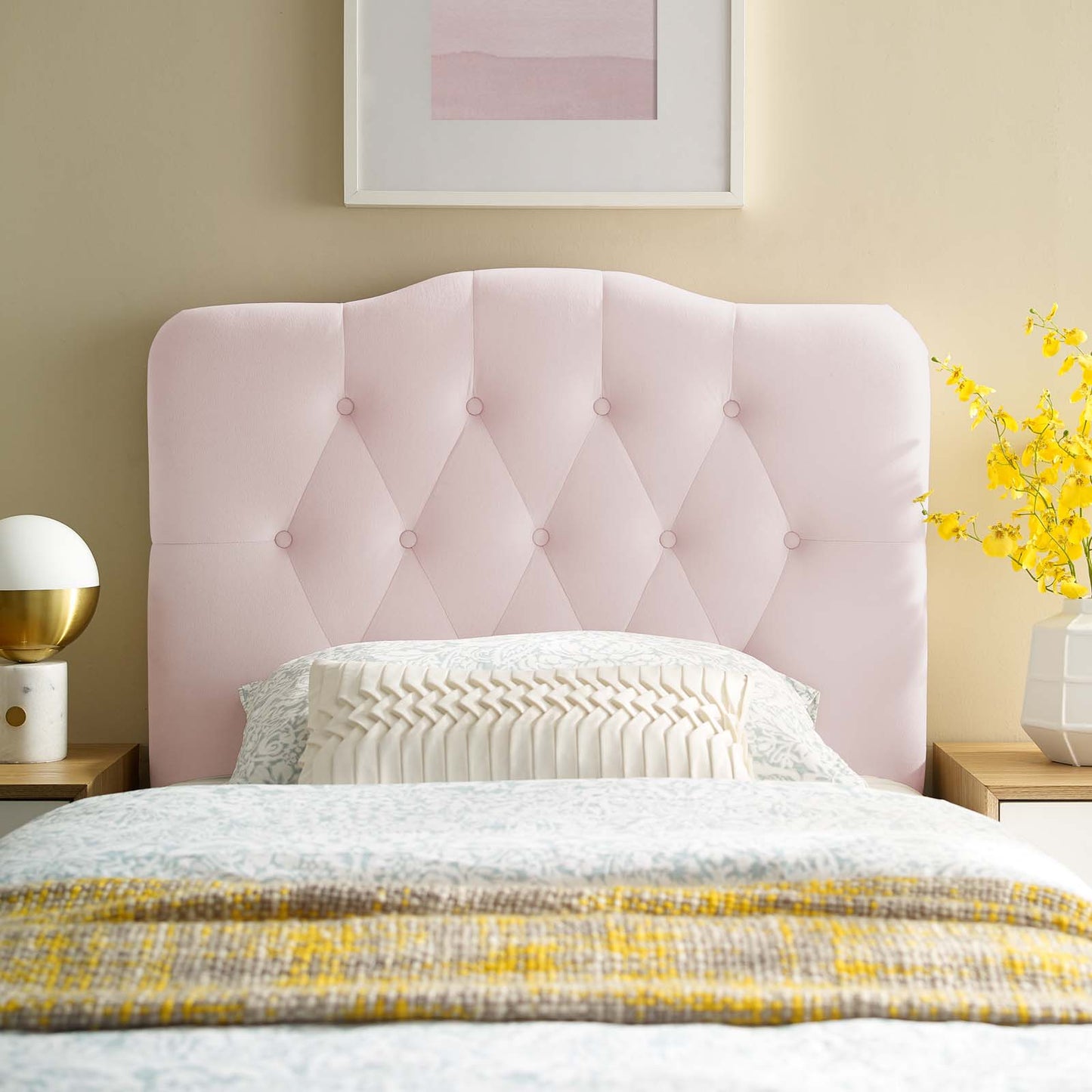 Annabel Twin Diamond Tufted Performance Velvet Headboard, Velvet Fabric, Pink, 17971