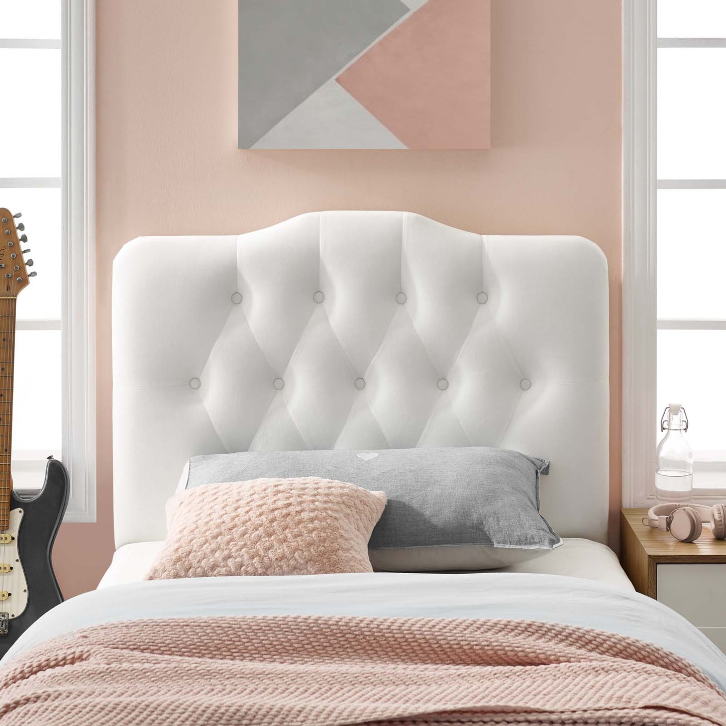 Annabel Twin Diamond Tufted Performance Velvet Headboard, Velvet Fabric, White, 17972