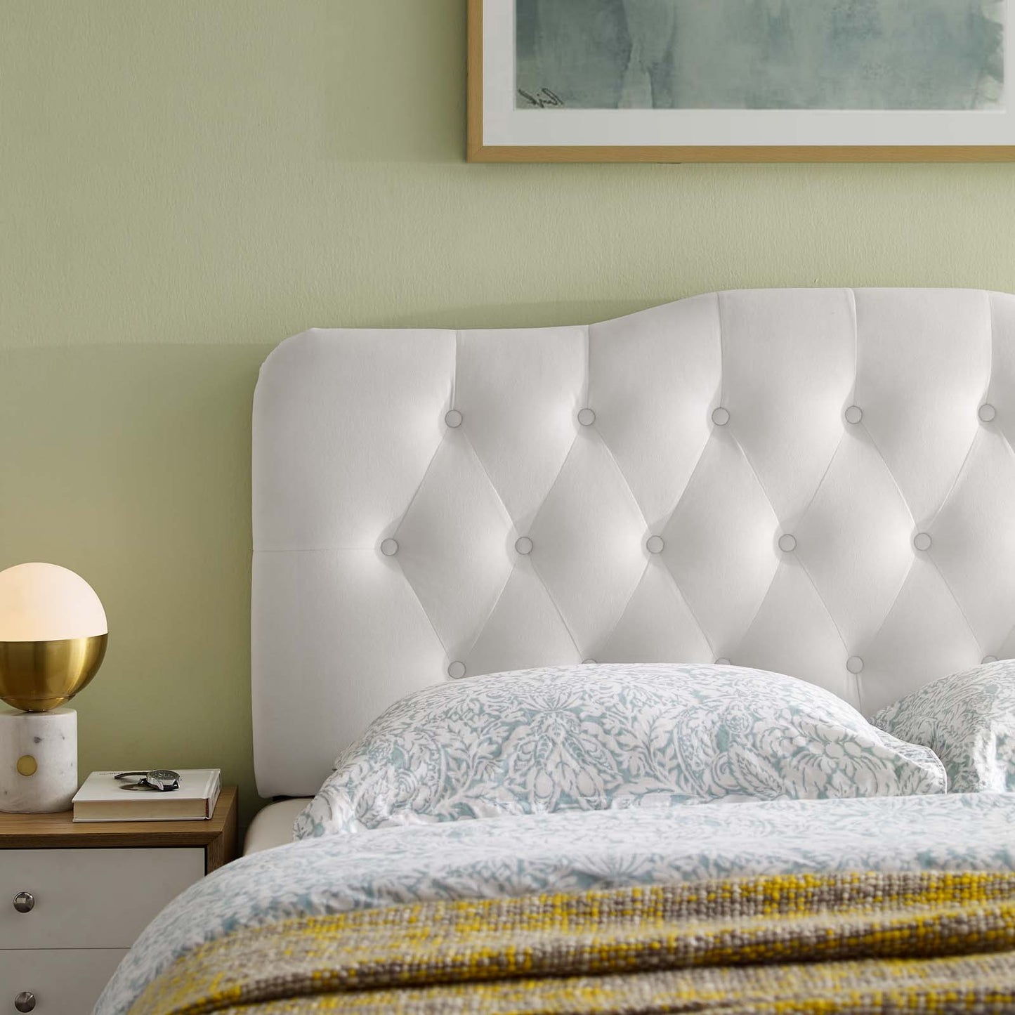 Annabel King Diamond Tufted Performance Velvet Headboard, Velvet Fabric, White, 17977