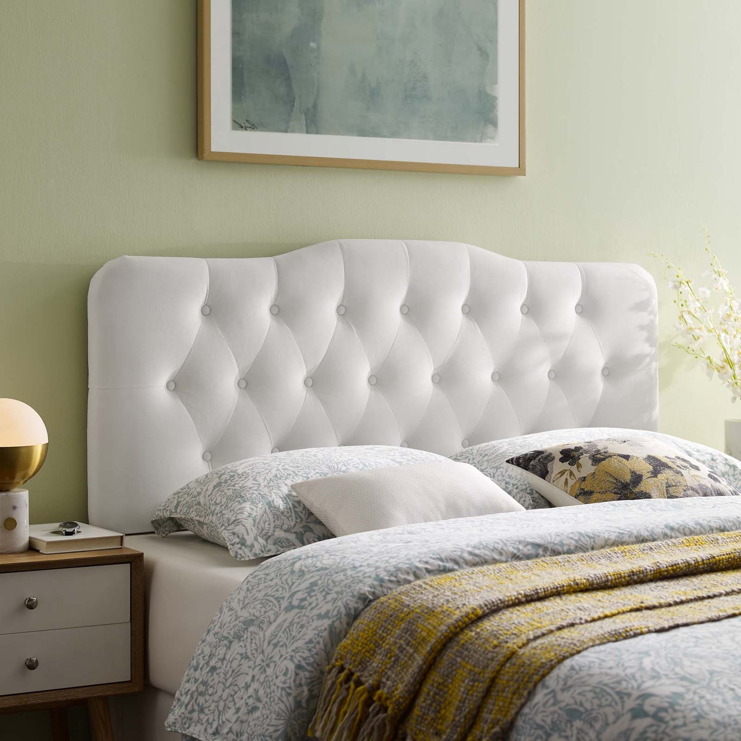 Annabel King Diamond Tufted Performance Velvet Headboard, Velvet Fabric, White, 17977