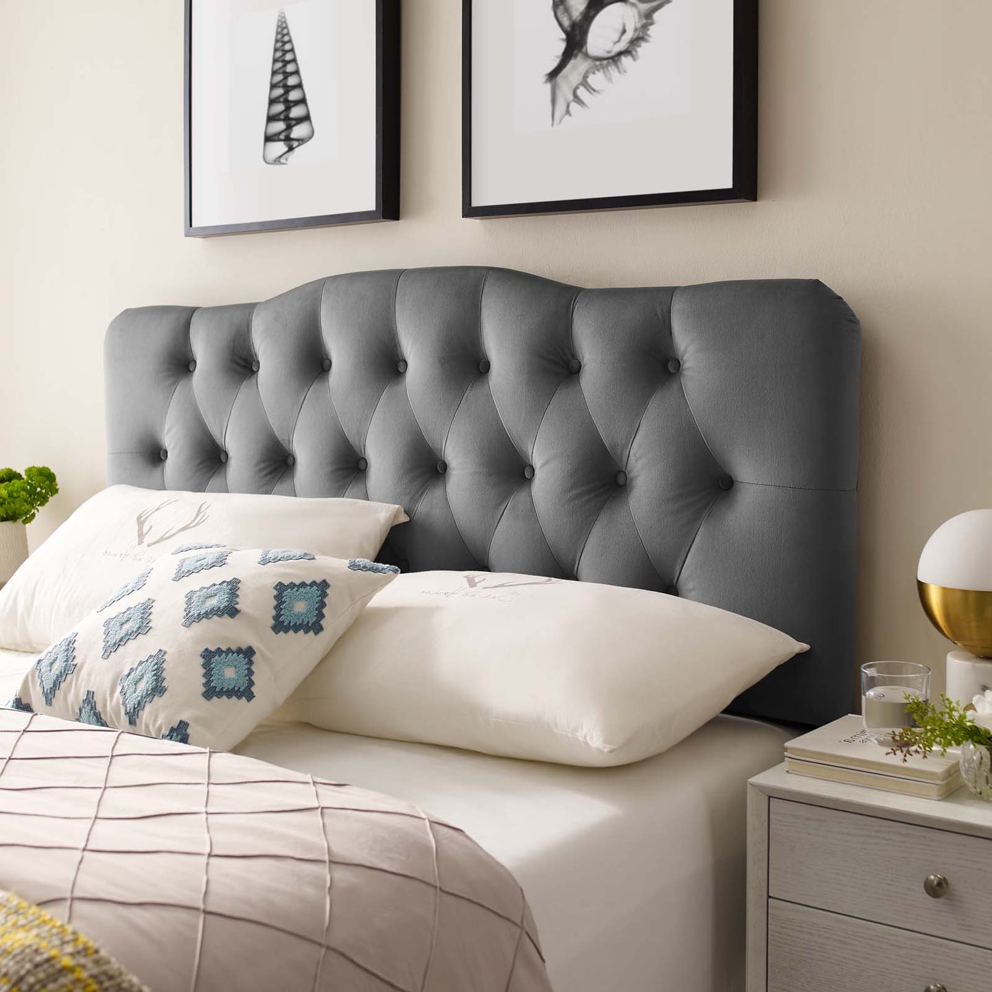Annabel Full Diamond Tufted Performance Velvet Headboard, Velvet Fabric, Grey Gray, 17978