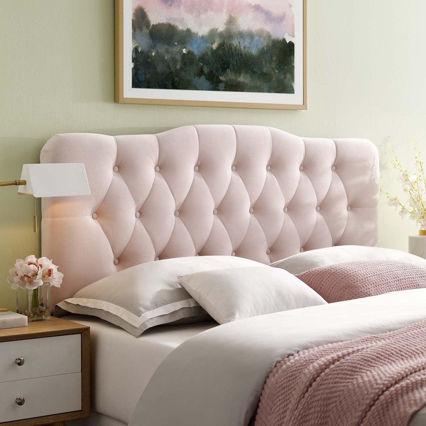Annabel Queen Diamond Tufted Performance Velvet Headboard, Velvet Fabric, Pink, 17986