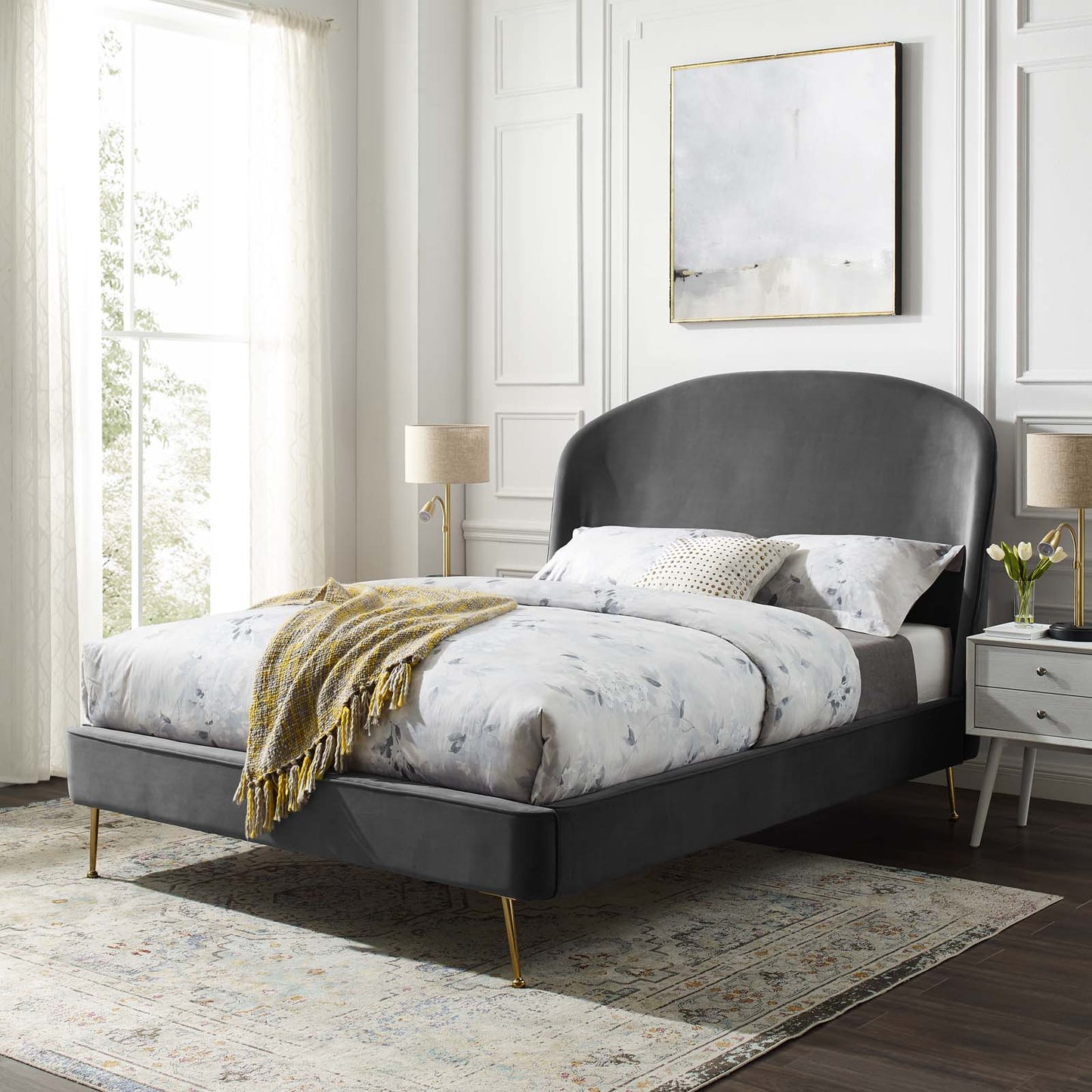 Mira Upholstered Performance Velvet Queen Platform Bed, Velvet, Grey Gray, 21285