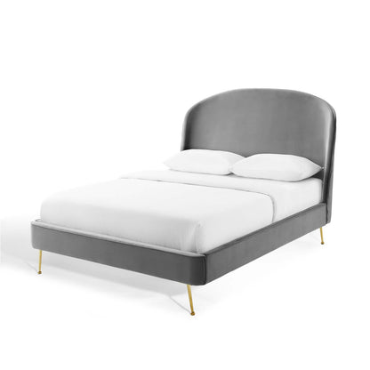 Mira Upholstered Performance Velvet Queen Platform Bed, Velvet, Grey Gray, 21285