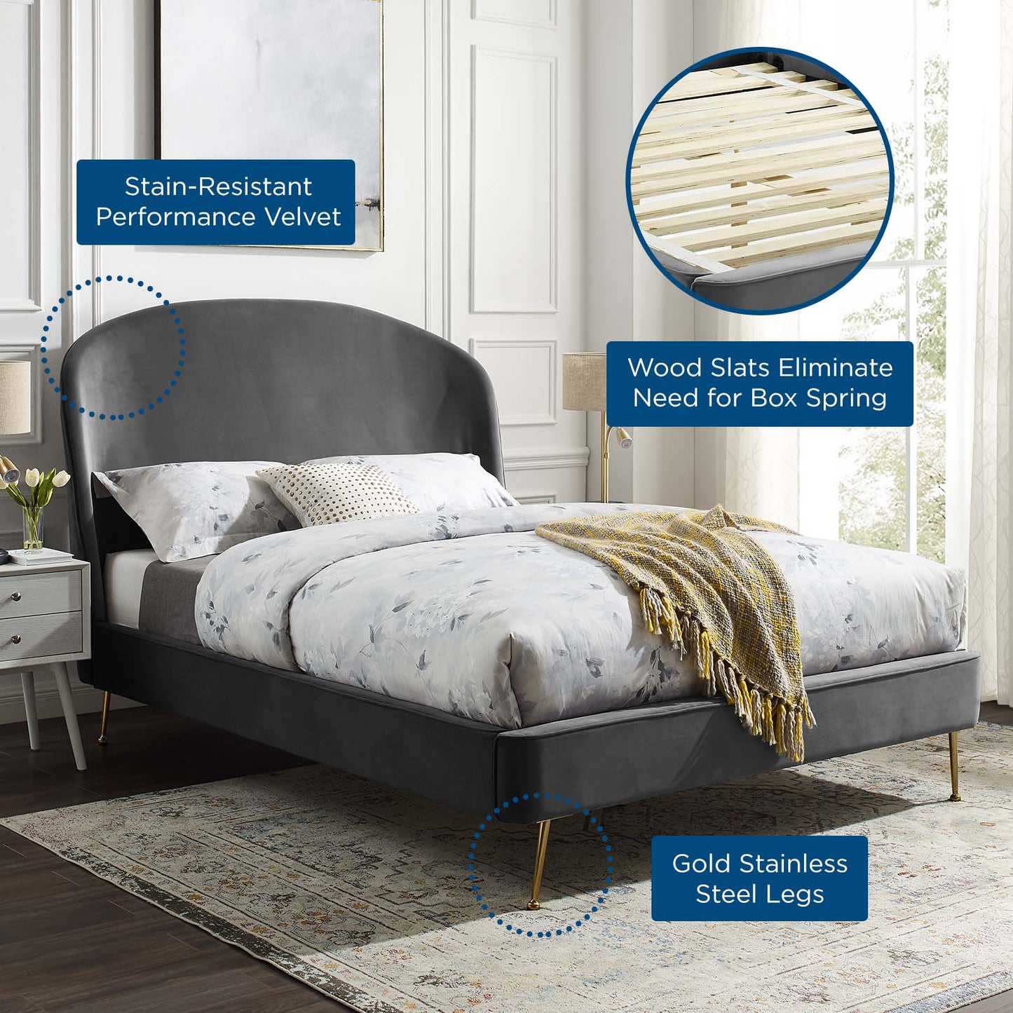 Mira Upholstered Performance Velvet Queen Platform Bed, Velvet, Grey Gray, 21285