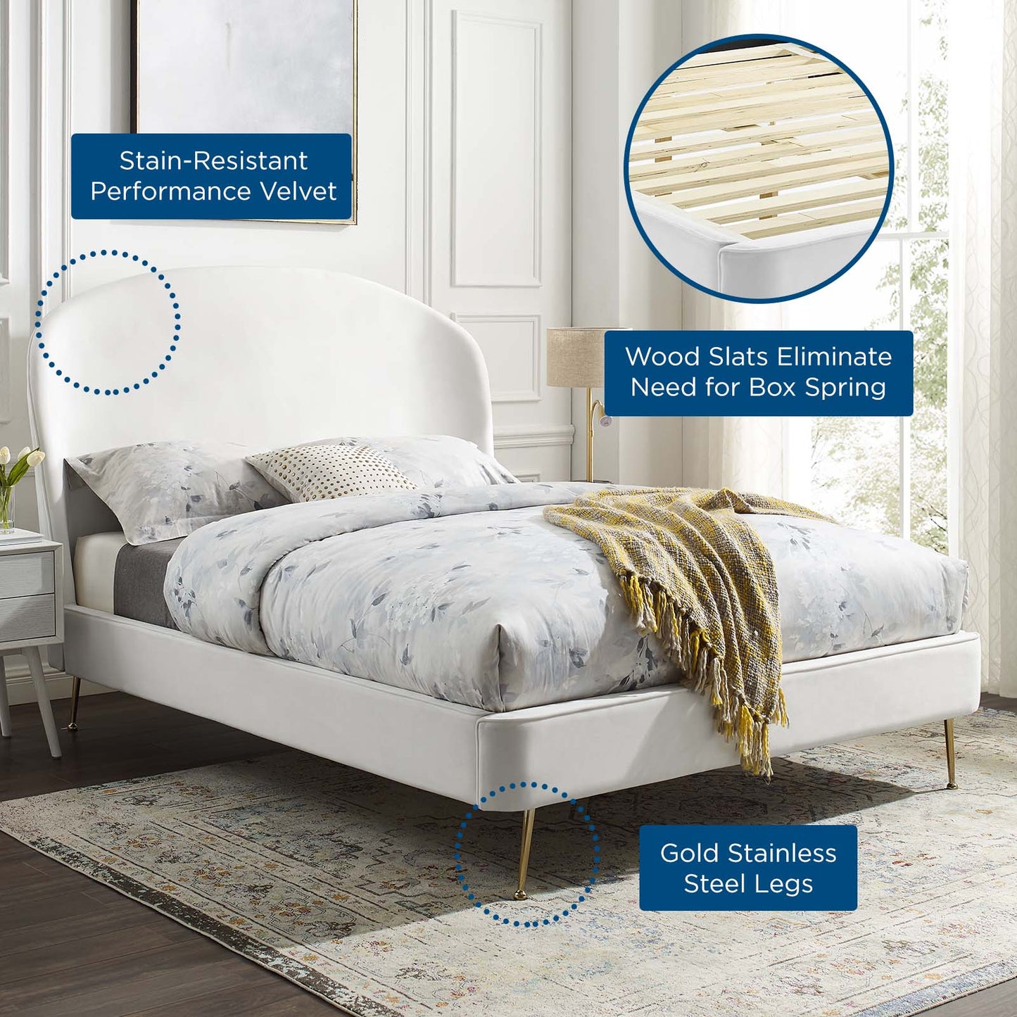 Mira Upholstered Performance Velvet Queen Platform Bed, Velvet, White, 21287