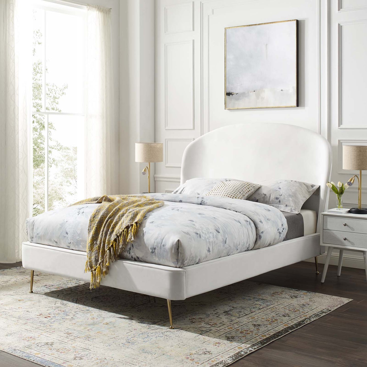 Mira Upholstered Performance Velvet Queen Platform Bed, Velvet, White, 21287