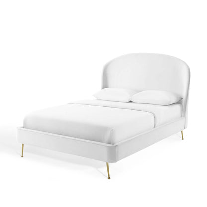 Mira Upholstered Performance Velvet Queen Platform Bed, Velvet, White, 21287