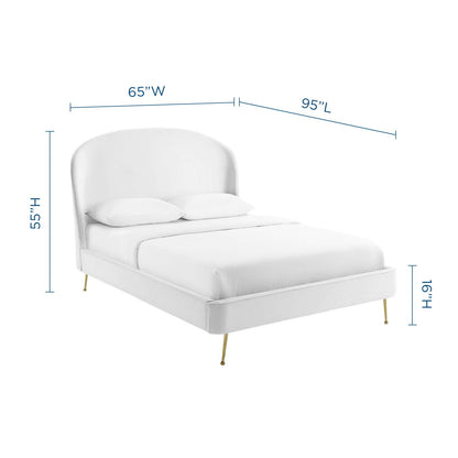 Mira Upholstered Performance Velvet Queen Platform Bed, Velvet, White, 21287