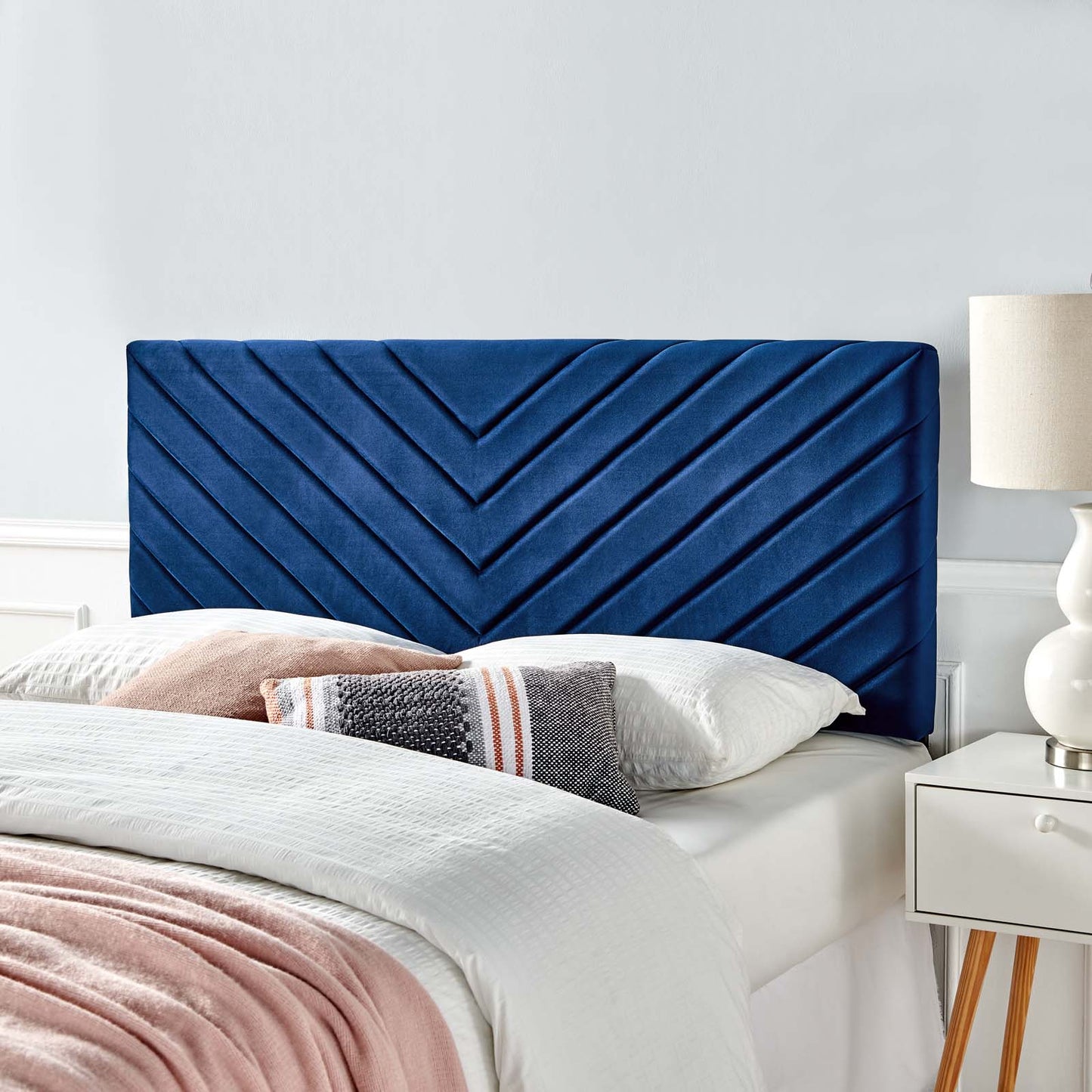 Alyson Angular Channel Tufted Performance Velvet Twin Headboard, Velvet, Blue Navy, 21307