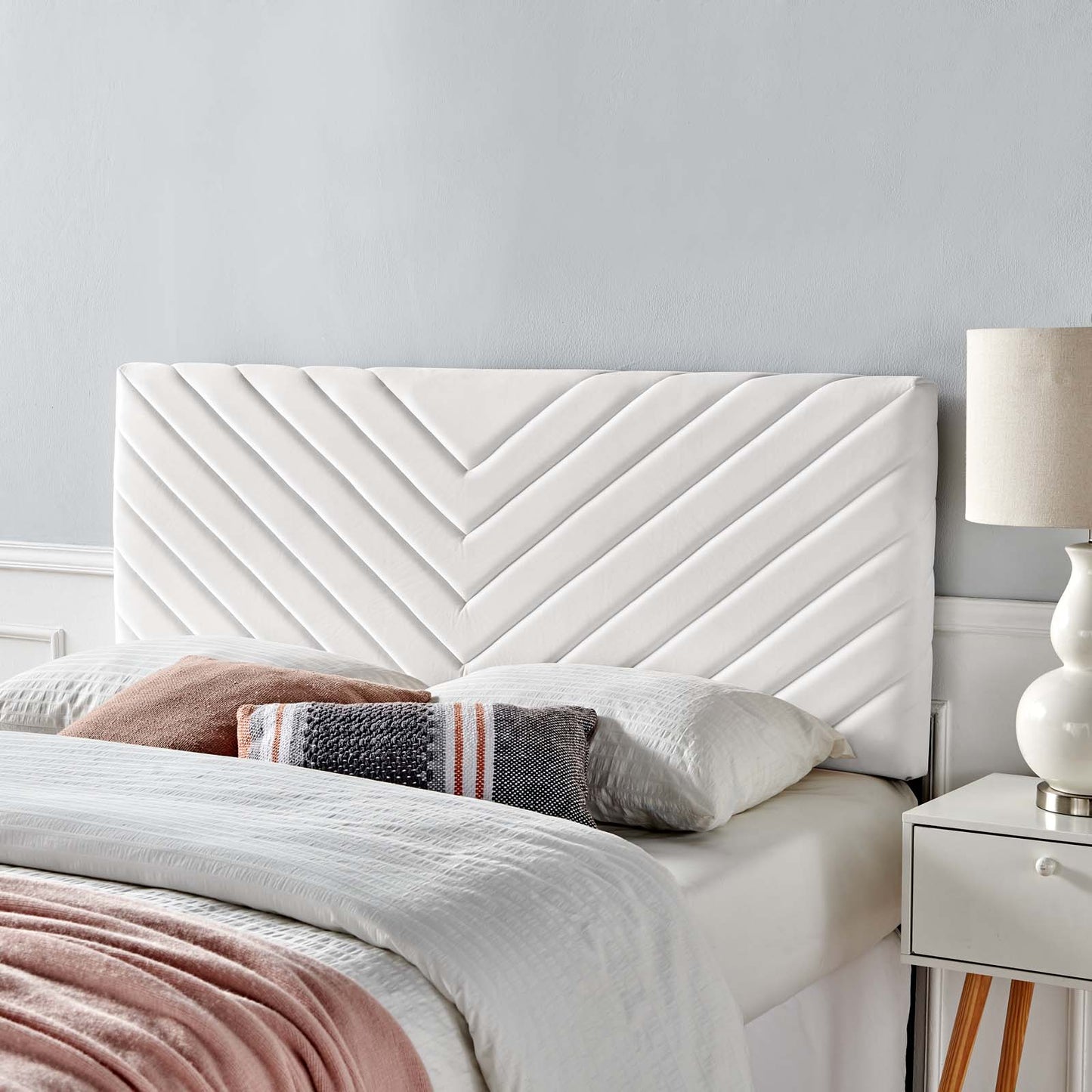 Alyson Angular Channel Tufted Performance Velvet King / California King Headboard, Velvet, White, 21319