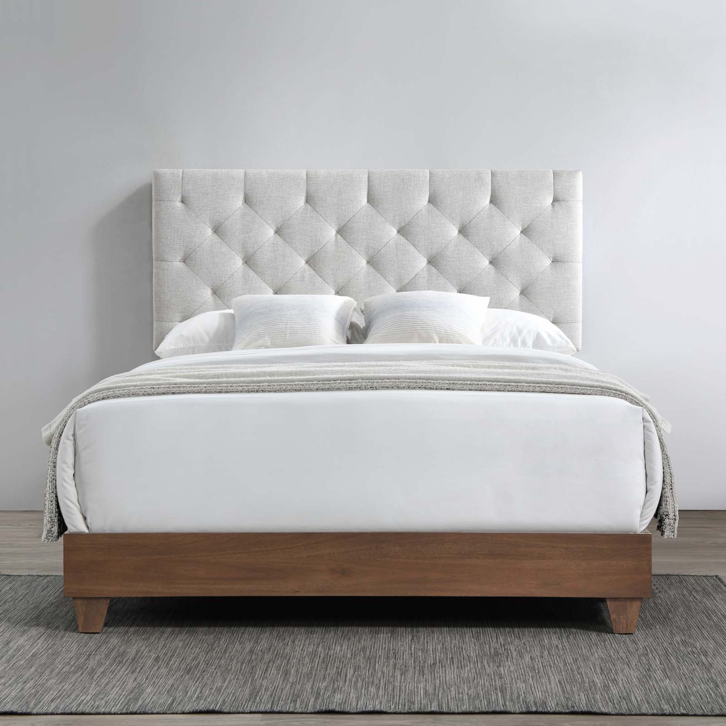 Rhiannon Diamond Tufted Upholstered Fabric Queen Bed, Fabric, Wood, Brown Walnut Beige, 21320