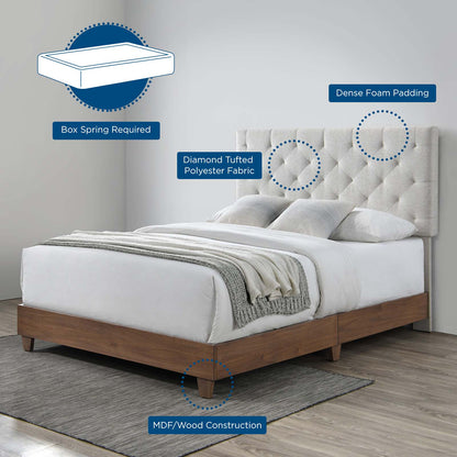 Rhiannon Diamond Tufted Upholstered Fabric Queen Bed, Fabric, Wood, Brown Walnut Beige, 21320
