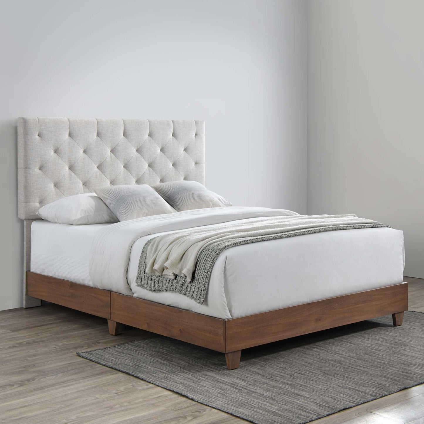 Rhiannon Diamond Tufted Upholstered Fabric Queen Bed, Fabric, Wood, Brown Walnut Beige, 21320