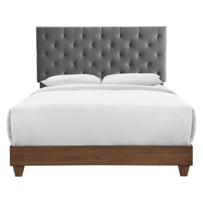 Rhiannon Diamond Tufted Upholstered Fabric Queen Bed, Fabric, Wood, Brown Walnut Grey Gray, 21321