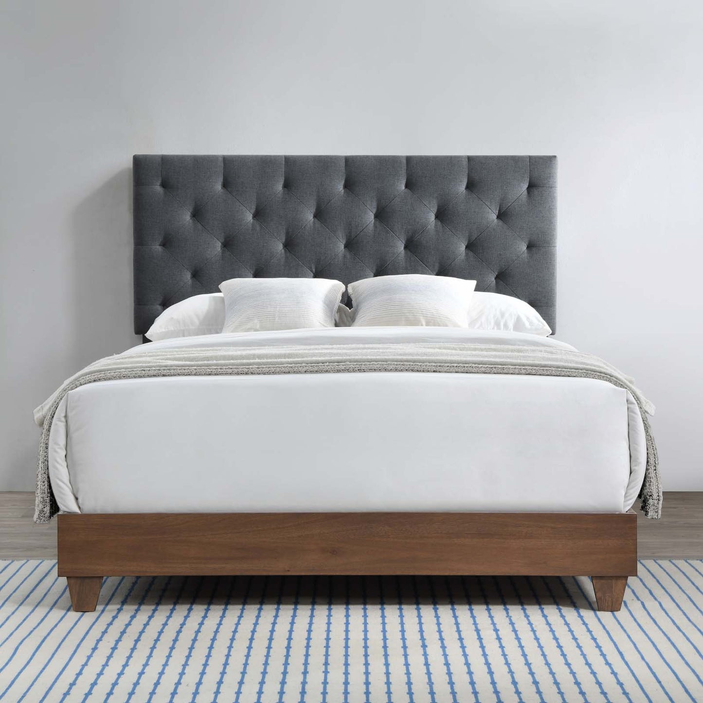 Rhiannon Diamond Tufted Upholstered Fabric Queen Bed, Fabric, Wood, Brown Walnut Grey Gray, 21321