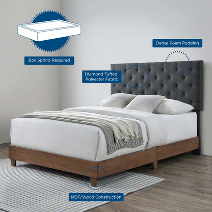 Rhiannon Diamond Tufted Upholstered Fabric Queen Bed, Fabric, Wood, Brown Walnut Grey Gray, 21321