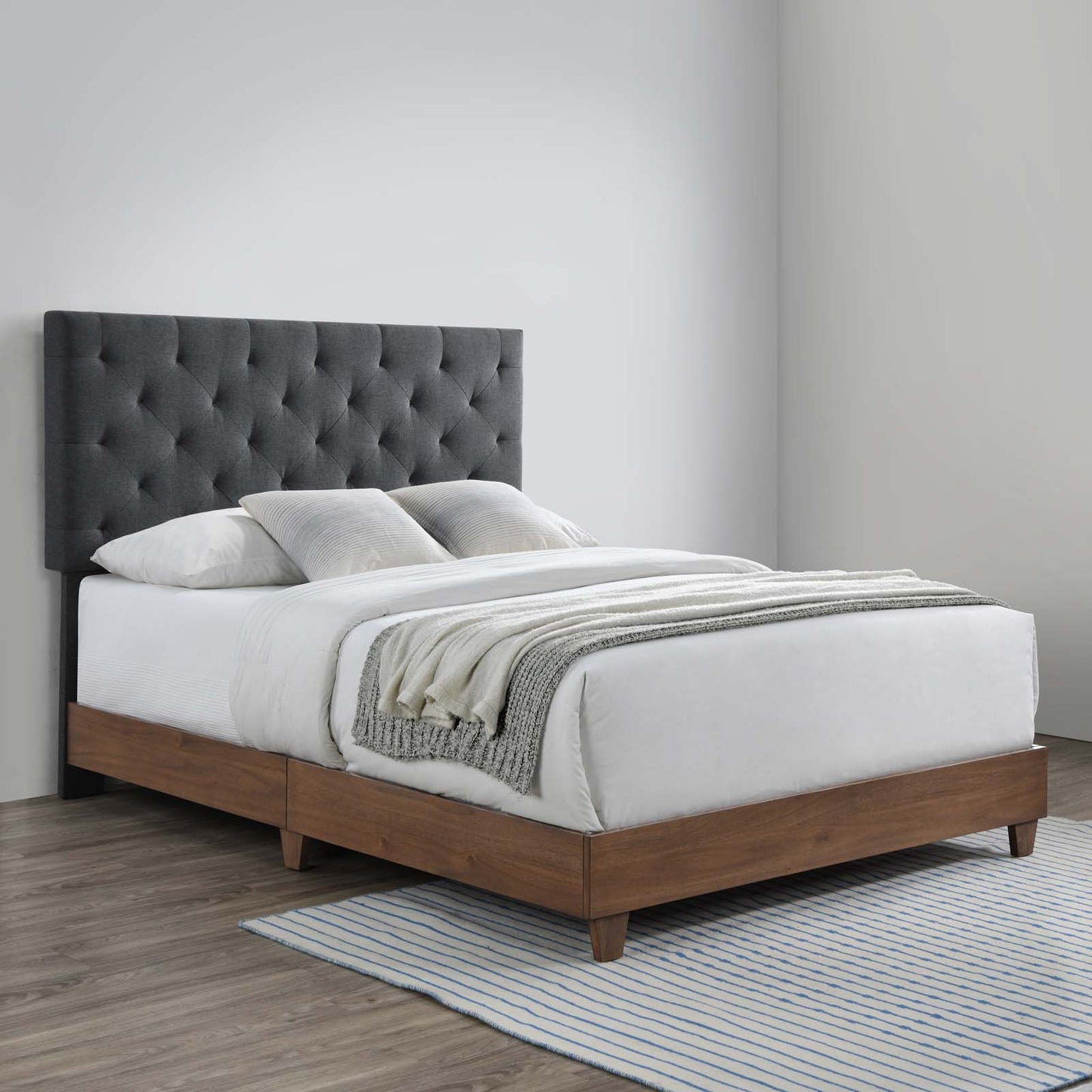Rhiannon Diamond Tufted Upholstered Fabric Queen Bed, Fabric, Wood, Brown Walnut Grey Gray, 21321