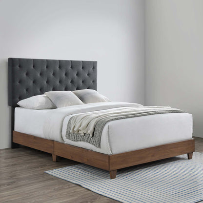 Rhiannon Diamond Tufted Upholstered Fabric Queen Bed, Fabric, Wood, Brown Walnut Grey Gray, 21321