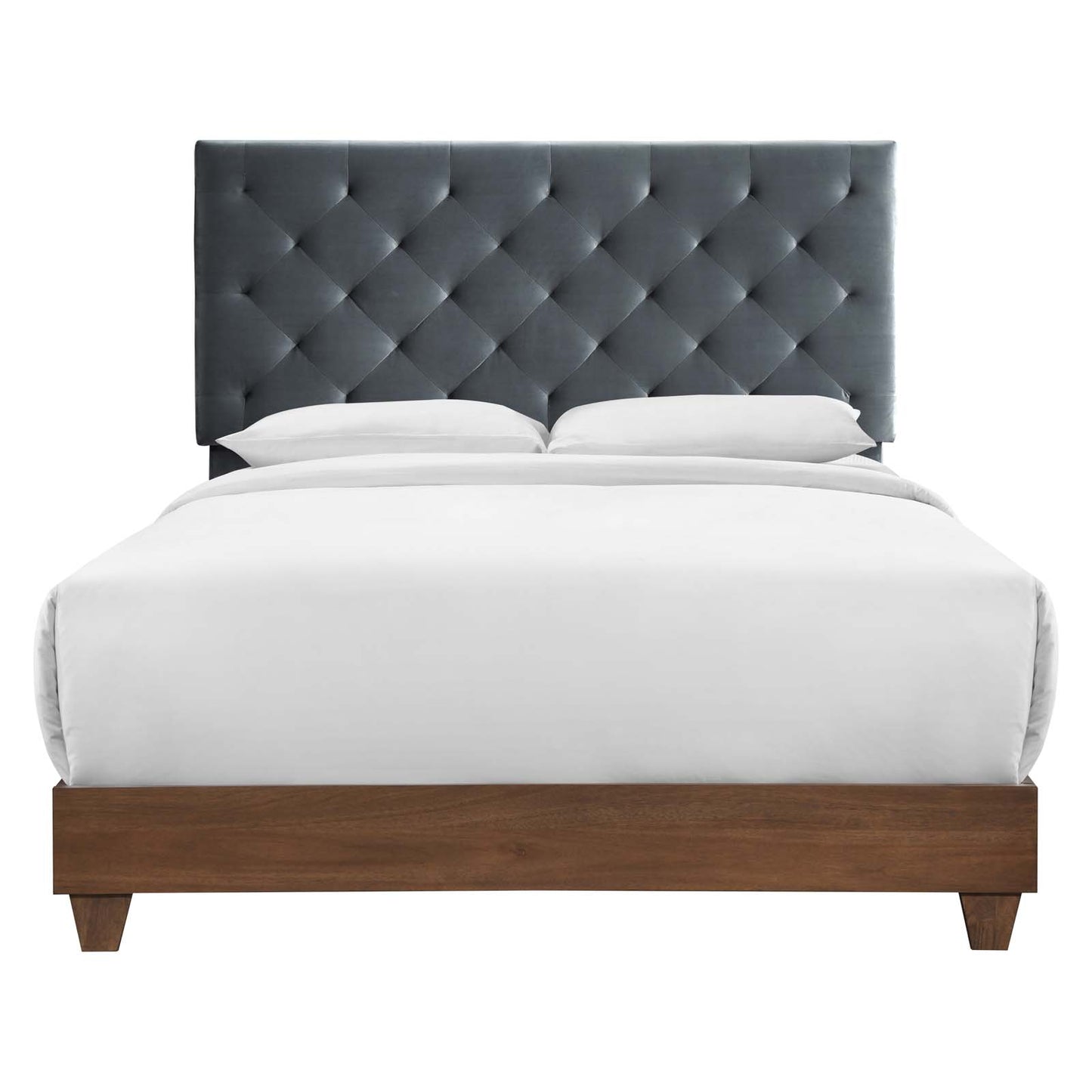 Rhiannon Diamond Tufted Upholstered Performance Velvet Queen Bed, Velvet, Wood, Brown Walnut Grey Gray, 21322