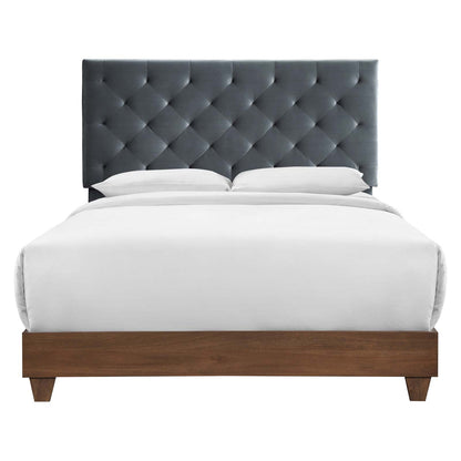 Rhiannon Diamond Tufted Upholstered Performance Velvet Queen Bed, Velvet, Wood, Brown Walnut Grey Gray, 21322