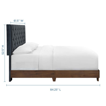 Rhiannon Diamond Tufted Upholstered Performance Velvet Queen Bed, Velvet, Wood, Brown Walnut Grey Gray, 21322
