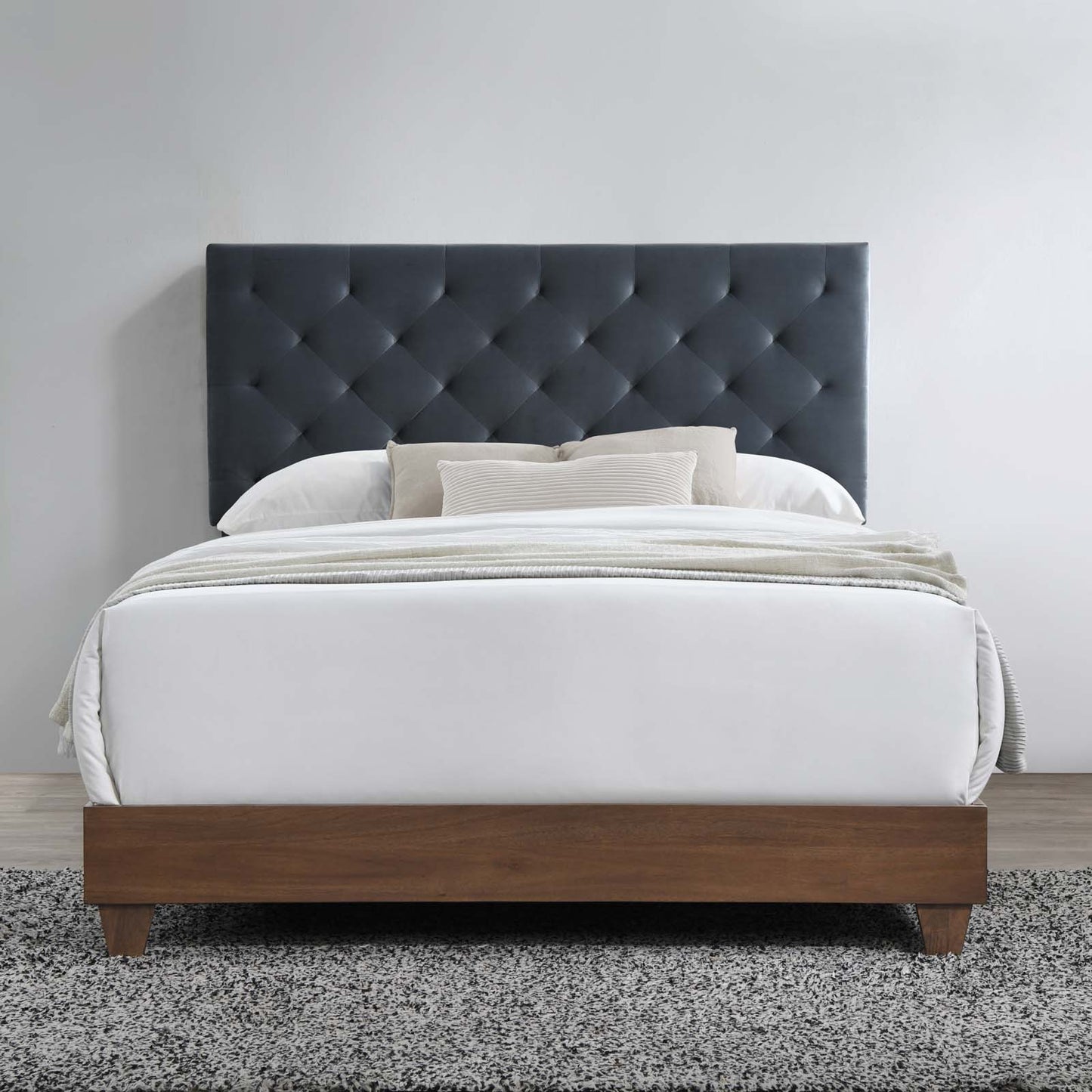 Rhiannon Diamond Tufted Upholstered Performance Velvet Queen Bed, Velvet, Wood, Brown Walnut Grey Gray, 21322