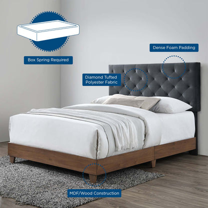 Rhiannon Diamond Tufted Upholstered Performance Velvet Queen Bed, Velvet, Wood, Brown Walnut Grey Gray, 21322