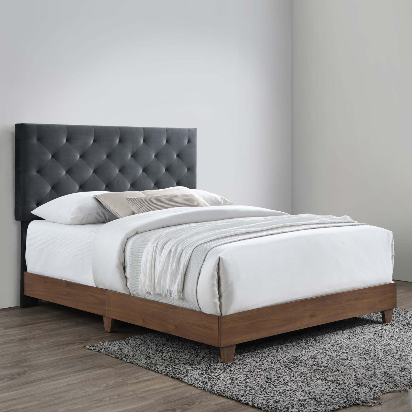 Rhiannon Diamond Tufted Upholstered Performance Velvet Queen Bed, Velvet, Wood, Brown Walnut Grey Gray, 21322
