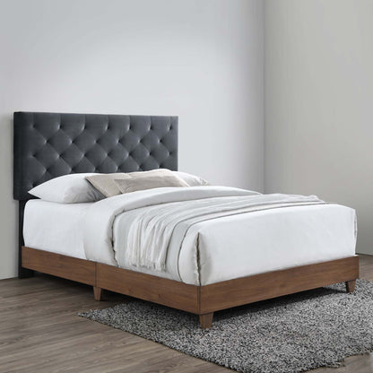 Rhiannon Diamond Tufted Upholstered Performance Velvet Queen Bed, Velvet, Wood, Brown Walnut Grey Gray, 21322
