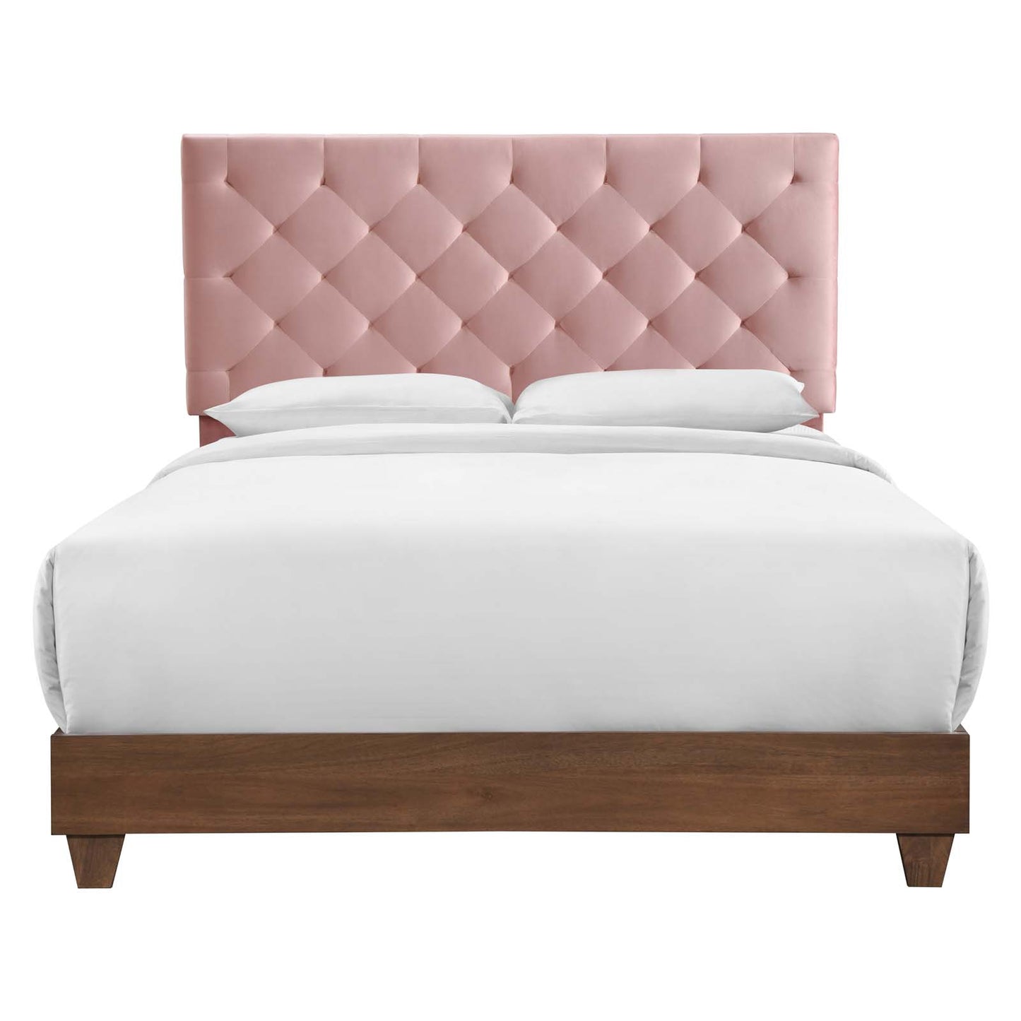 Rhiannon Diamond Tufted Upholstered Performance Velvet Queen Bed, Velvet, Wood, Brown Walnut Pink, 21323
