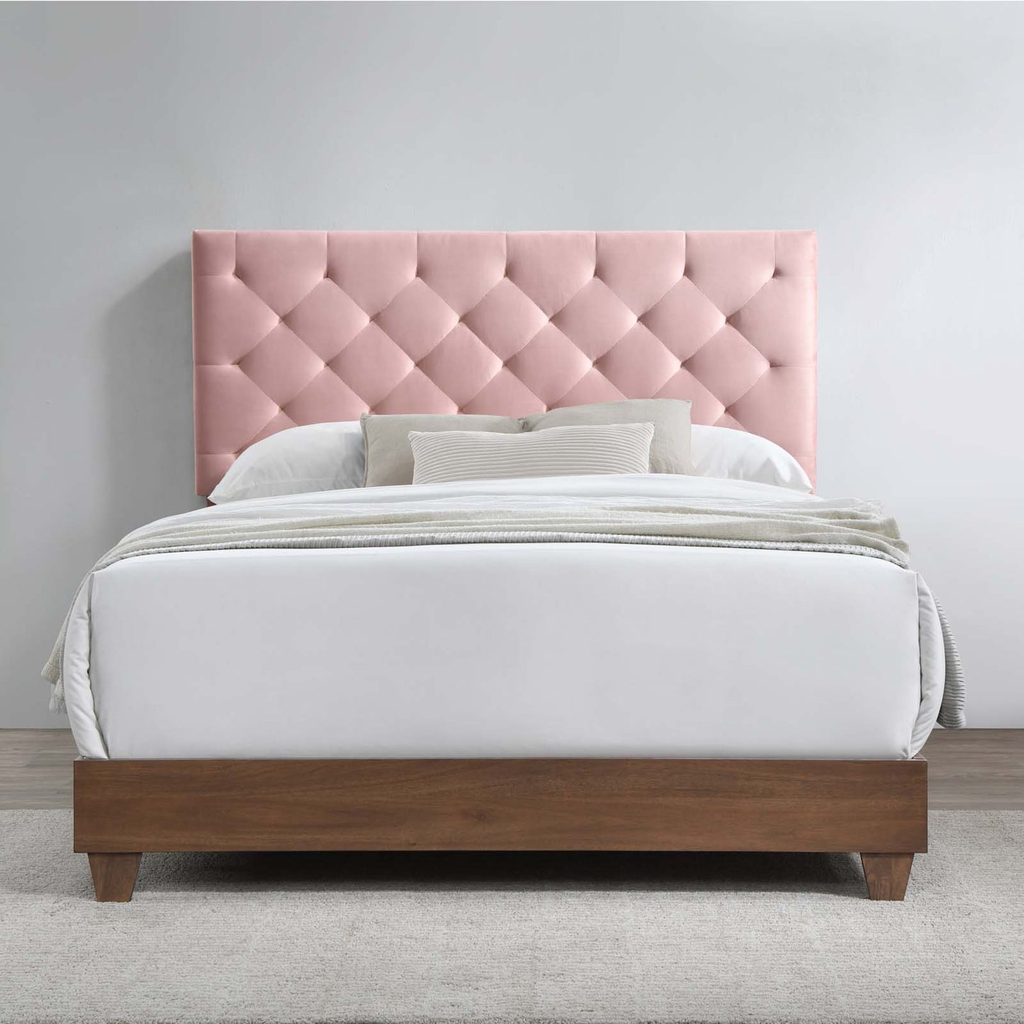 Rhiannon Diamond Tufted Upholstered Performance Velvet Queen Bed, Velvet, Wood, Brown Walnut Pink, 21323