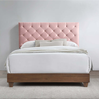 Rhiannon Diamond Tufted Upholstered Performance Velvet Queen Bed, Velvet, Wood, Brown Walnut Pink, 21323