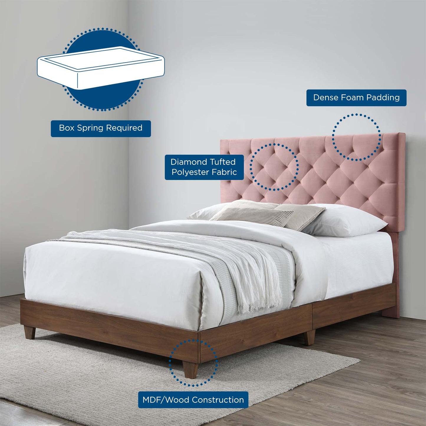 Rhiannon Diamond Tufted Upholstered Performance Velvet Queen Bed, Velvet, Wood, Brown Walnut Pink, 21323